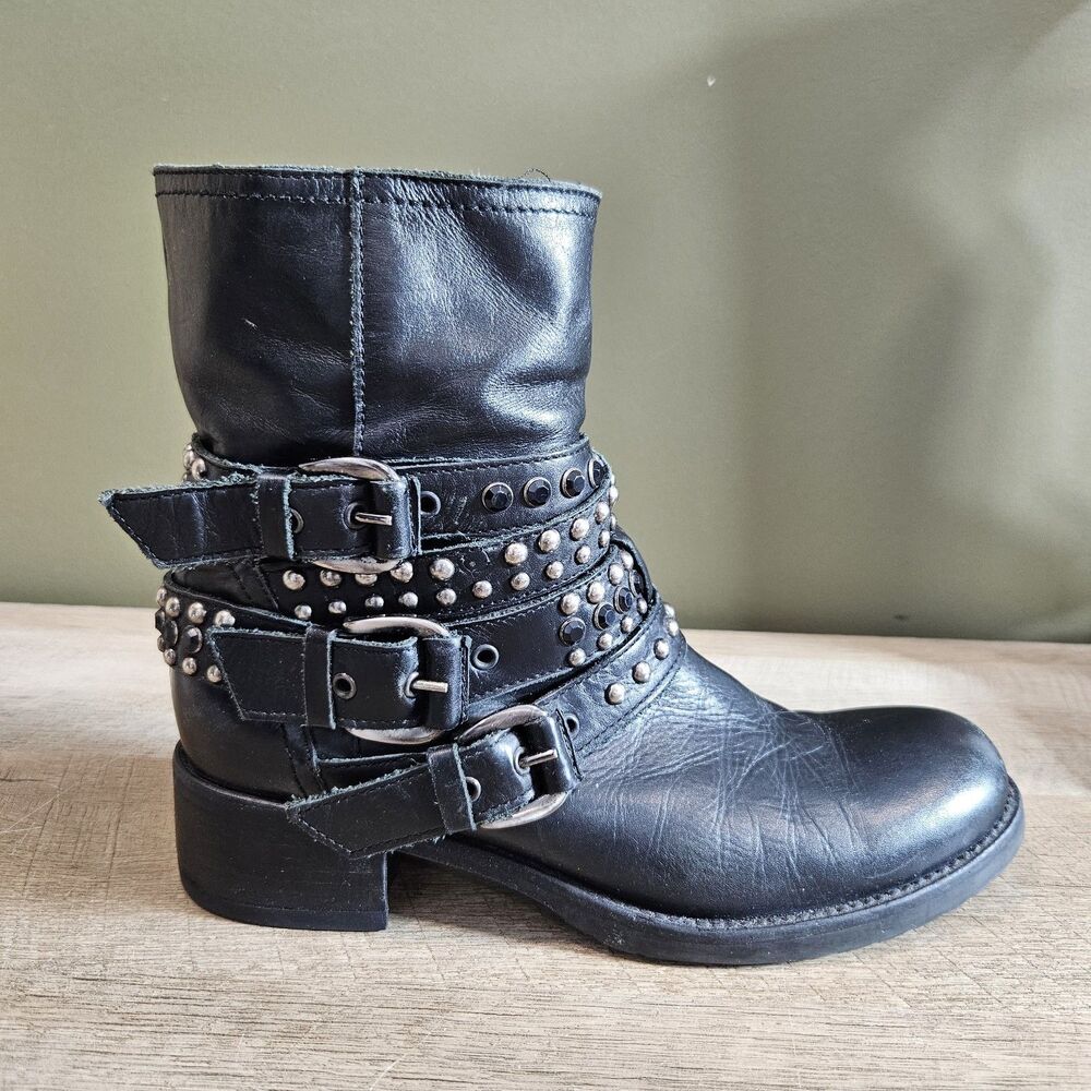 Women's Italian Leather Studded Moto Boots Black Buckle Ankle Booties Size 38 - Picture 8 of 12